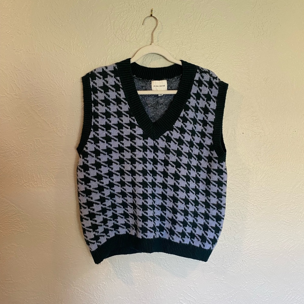 Pink Rose Blue Houndstooth Sweater Vest